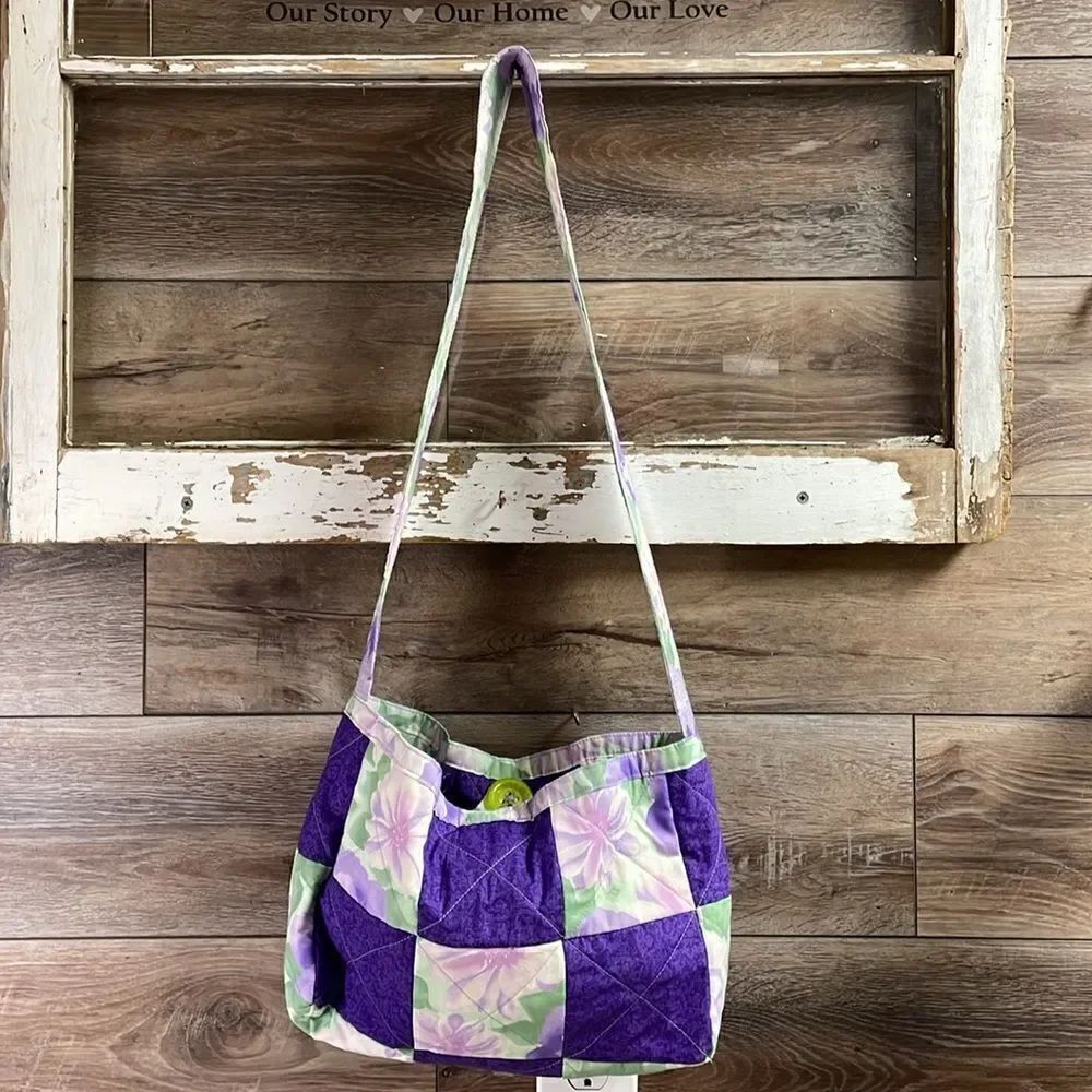 Handcrafted Machine Quilted Floral Shoulder Bag, Purple and Green